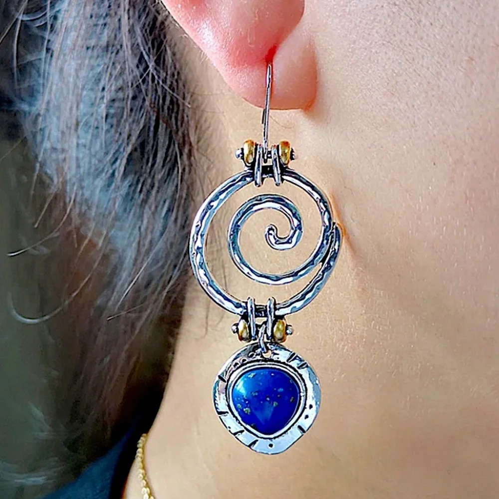 Boho Silver Blue Lapis Spiral Drop Earrings Vintage Style - Picture 2 of 4